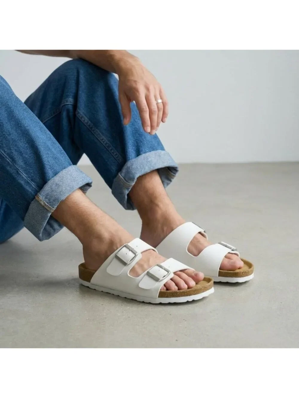 Men's White Lane Cork Footbed Sandals Adjustable Buckle Comfort Slides